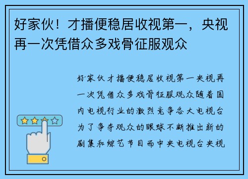 好家伙！才播便稳居收视第一，央视再一次凭借众多戏骨征服观众