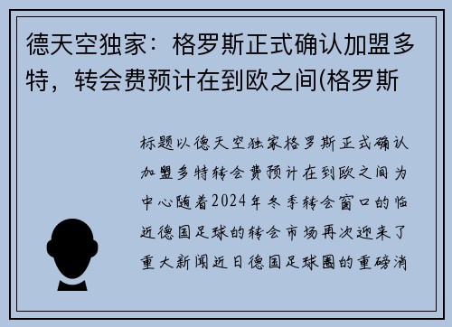 德天空独家：格罗斯正式确认加盟多特，转会费预计在到欧之间(格罗斯 f1)