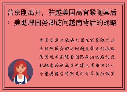 普京刚离开，驻越美国高官紧随其后：美助理国务卿访问越南背后的战略意图