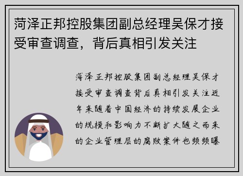 菏泽正邦控股集团副总经理吴保才接受审查调查，背后真相引发关注