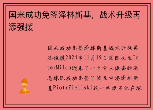 国米成功免签泽林斯基，战术升级再添强援